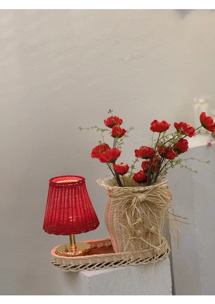 4'lü Rattan Kırmızı Gelincik Vazo Set