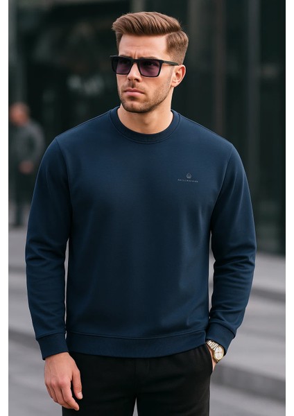 Erkek Bisiklet Yaka Nakışlı Bol Lacivert Sweatshirt