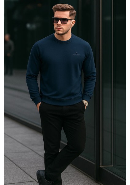 Erkek Bisiklet Yaka Nakışlı Bol Lacivert Sweatshirt fiyatları