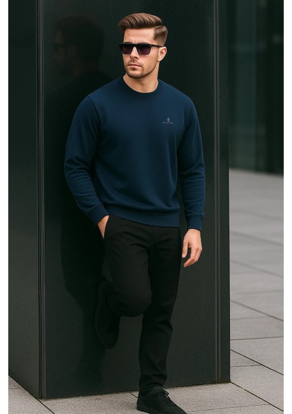 Erkek Bisiklet Yaka Nakışlı Bol Lacivert Sweatshirt