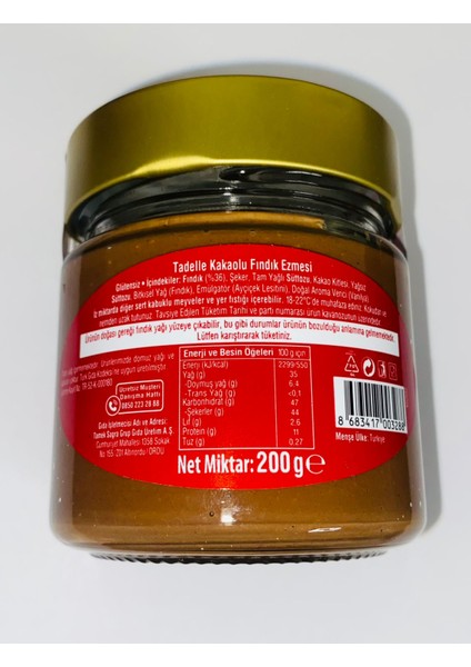 Tadelle Kakaolu Fındık Ezmesi %36 Fındık 200GR fiyatları