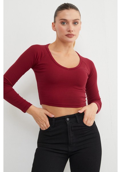 V Yaka Uzun Kol Crop Bluz