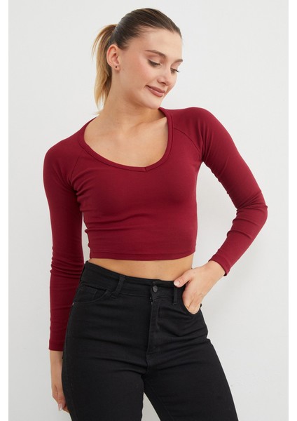 V Yaka Uzun Kol Crop Bluz fiyatları