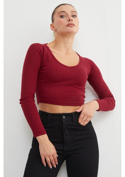 V Yaka Uzun Kol Crop Bluz