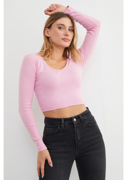 V Yaka Uzun Kol Crop Bluz