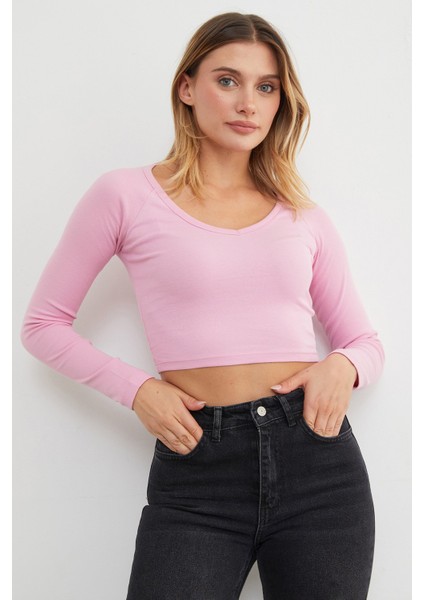 V Yaka Uzun Kol Crop Bluz fiyatları