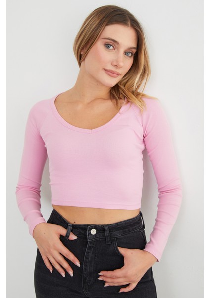 V Yaka Uzun Kol Crop Bluz indirimleri