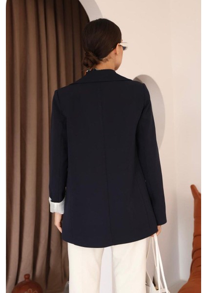 Çizgili Astar Detaylı Oversize Lacivert Blazer Ceket modelleri