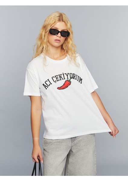 Yeni Sezon Bisiklet Yaka Slogan Baskılı Kadın Tişört