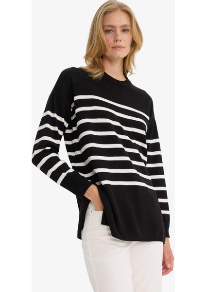 S7517 Siyah Relax Fit Çizgili Bisiklet Yaka Triko Kazak Tunik modelleri