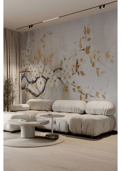 Beyaz Çiçek ve Altın Yaprak Desenli Tekstil Duvar Kağıdı