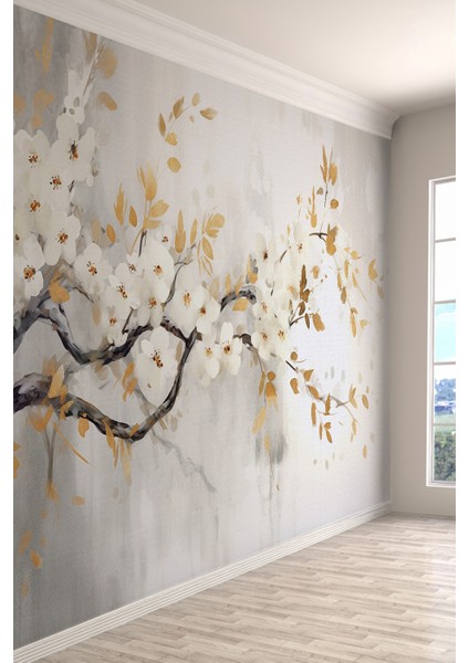 Beyaz Çiçek ve Altın Yaprak Desenli Tekstil Duvar Kağıdı fiyatları