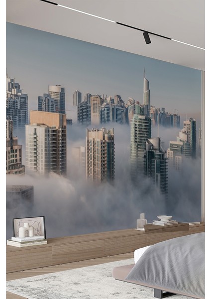 Cityscape Bulutların Üzerinde Şehir Manzaralı Tekstil Duvar Kağıdı