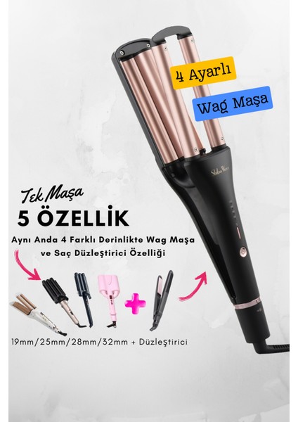 4 Ayarlı Siyah Çok Fonksiyonlu Saç Maşası (19MM-32MM) modelleri