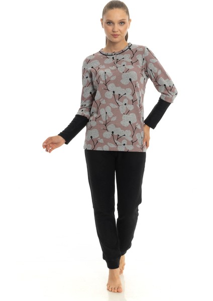 Mooncover Kadın Kışlık Çiçek Desenli Kol Detaylı Pijama Takımı Siyah