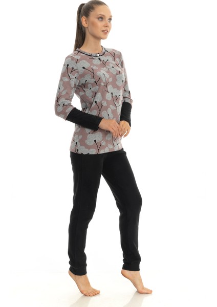 Mooncover Kadın Kışlık Çiçek Desenli Kol Detaylı Pijama Takımı Siyah fiyatları