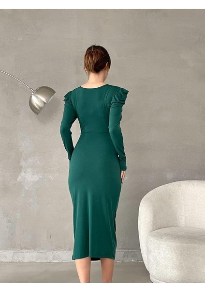 Sandy Senek Kumaş V Yaka Büzgü Detay Abiye Elbise 582791 Zümrüt indirimleri