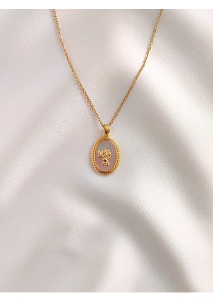 Kadın Paslanmaz Çelik Gold Oval Otantik Eros Aşk Tanrısı Figürlü Kolye