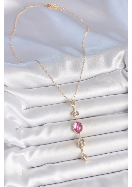 Pirinç Zincir Gold Renk Pembe Zirkon Taşlı Y Kolye fiyatları