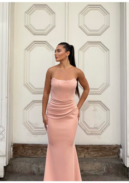Scuba Straplez Uzun Elbise Pudra 583301 fiyatları