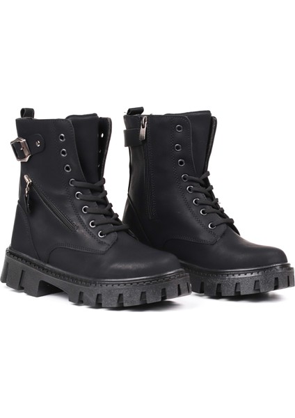 Kadın Siyah Postal Bot – Kalın Taban Fermuarlı Bağcıklı Tokalı Rahat Günlük Şık ve Dayanıklı