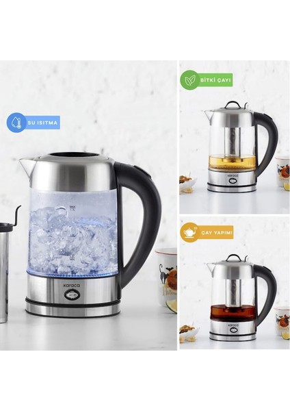 Şık Cam Inox Bitki Çayı ve Su Isıtıcı Kettle, Led, Yüksek Borosilikat Gövde