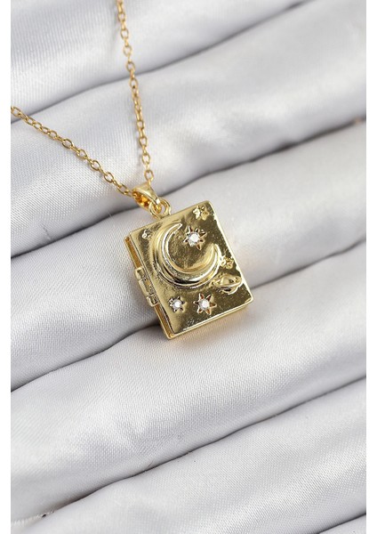 316L Çelik Zirkon Taşlı Açılabilr Kapaklı Kitap Model Gold Renk Kadın Kolye