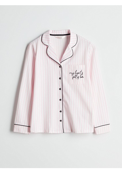 Yeni Sezon Gömlek Yaka Nakışlı Kadın Pijama Üst