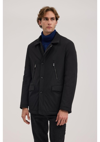 Siyah Comfort Fit Bebe Yaka Fermuarlı Mont