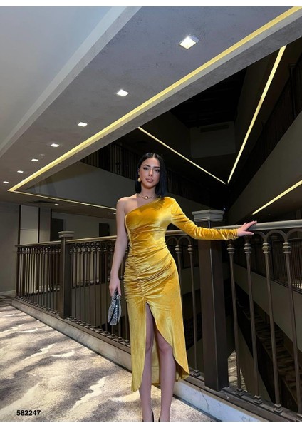 Asimetrik Yaka Büzgülü Yırtmaçlı Tek Kol Midi Boy Elbise Abiye 582247 Sarı fiyatları