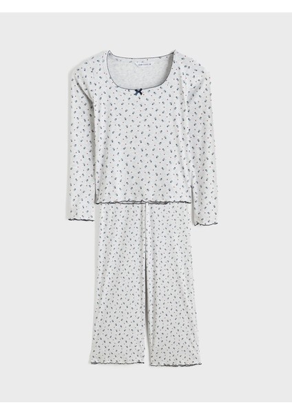 Yeni Sezon U Yaka Çiçekli Kadın Pijama Takım