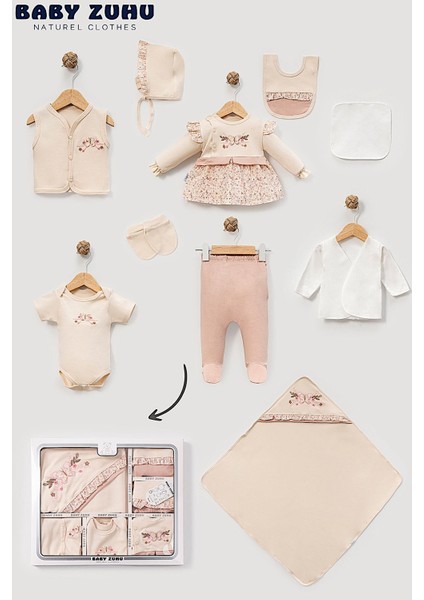 Kız Bebek 0-3 Ay Organik Pamuktan Çiçekli Kelebek Nakışlı 10 Lu Hastane Çıkış Zıbın Seti