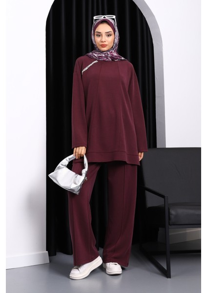 Mürdüm Taş Detaylı Tunik Pantolonlu Modal Takım