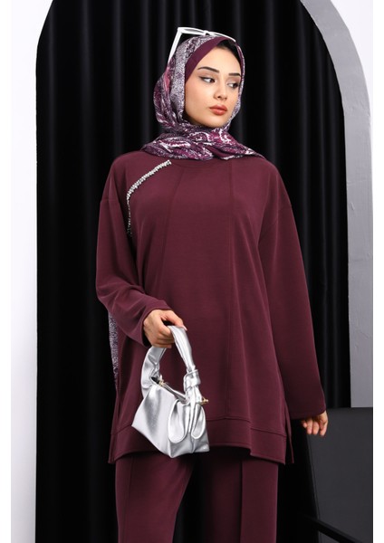 Mürdüm Taş Detaylı Tunik Pantolonlu Modal Takım modelleri