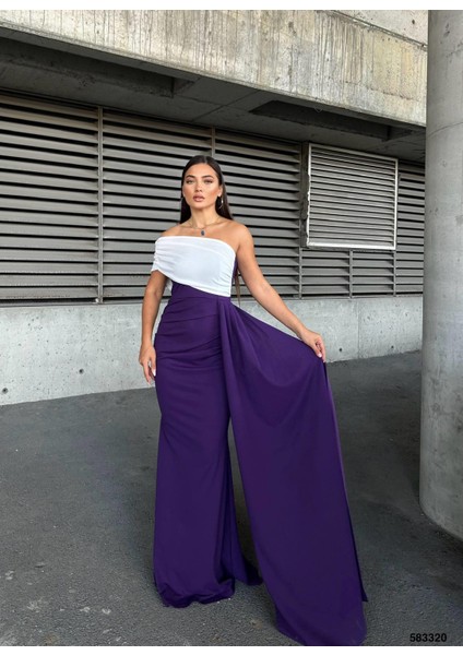Esnek Krep Kumaş Tek Omuz Aller Detay Garnili Abiye Elbise 583320 Mor
