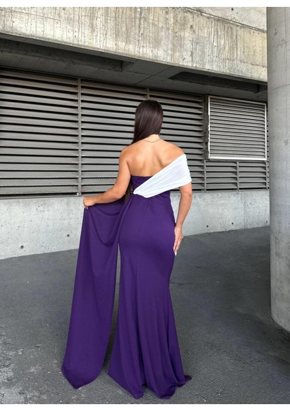 Esnek Krep Kumaş Tek Omuz Aller Detay Garnili Abiye Elbise 583320 Mor modelleri