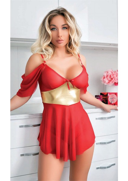 Arias Closet Sarı Kuşak Detaylı Fantezi Kırmızı Gecelik