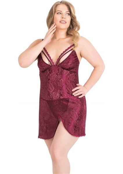Arias Closet Büyük Beden Bordo Kısa Jakarlı Gecelik