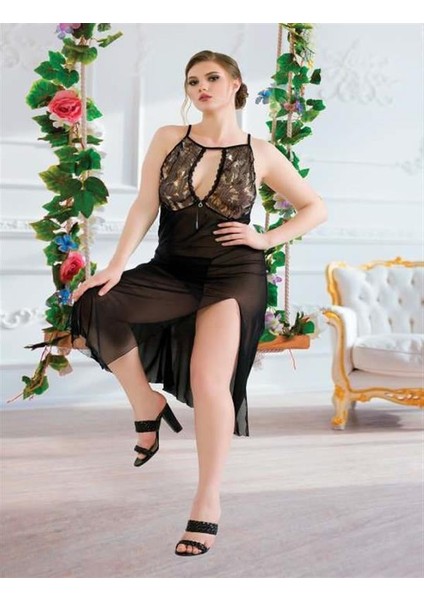 Arias Closet Büyük Beden Siyah Tül Fantezi Uzun Yırtmaçlı Gecelik