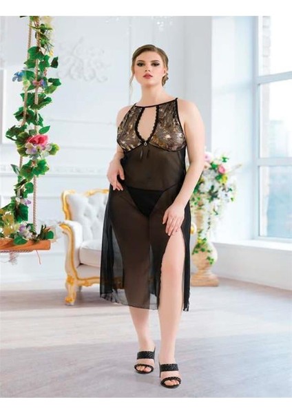 Arias Closet Büyük Beden Siyah Tül Fantezi Uzun Yırtmaçlı Gecelik fiyatları