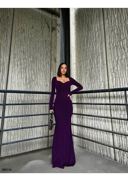 Kalp Yaka Balık Model Flowers Kumaş Abiye Elbise Mor 583114 modelleri