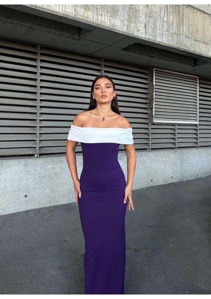 Krep Esnek Kumaş Madonna Yaka Garnili Abiye Elbise 583257 Mor fiyatları