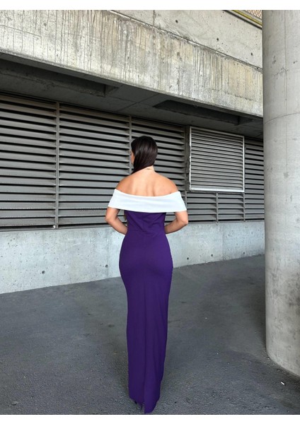 Krep Esnek Kumaş Madonna Yaka Garnili Abiye Elbise 583257 Mor modelleri