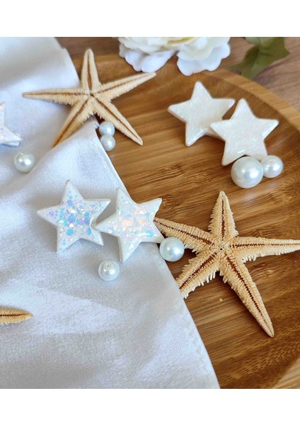 White Sparkle El Yapımı Beyaz Simli Cam Görünümlü Yıldız Küpe modelleri