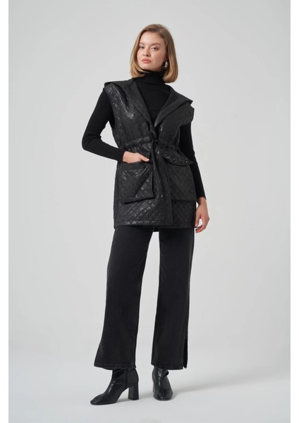 6022 Cep Kapakları Taş Işlemeli Yelek - Siyah indirimleri