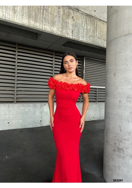 Esnek Krep Kumaş Ön Gül Detaylı Abiye Elbise 583281 Kırmızı fiyatları