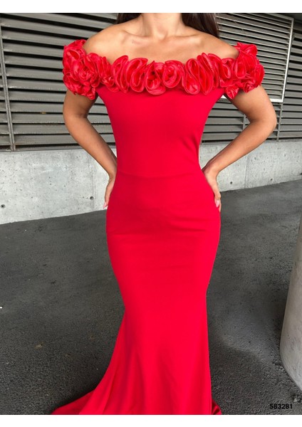 Esnek Krep Kumaş Ön Gül Detaylı Abiye Elbise 583281 Kırmızı modelleri