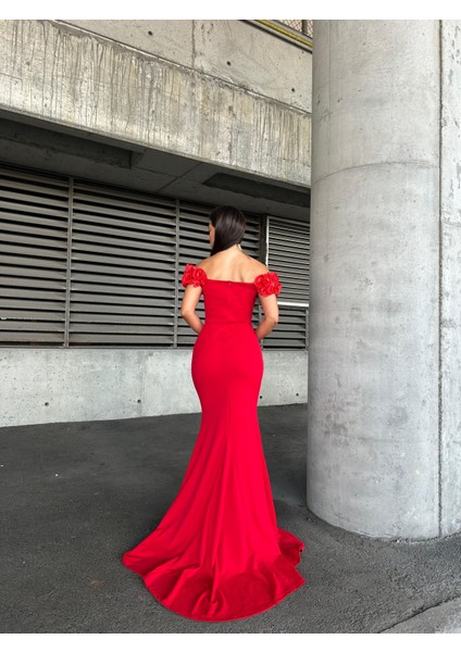 Esnek Krep Kumaş Ön Gül Detaylı Abiye Elbise 583281 Kırmızı fırsatları