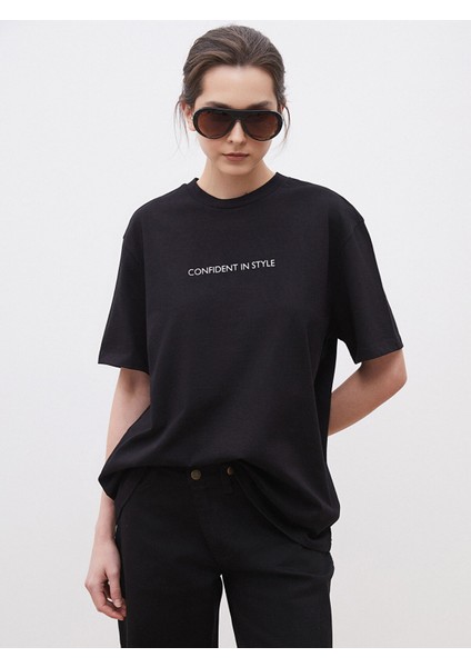 Yeni Sezon Bisiklet Yaka Baskılı Oversize Kadın Tişört