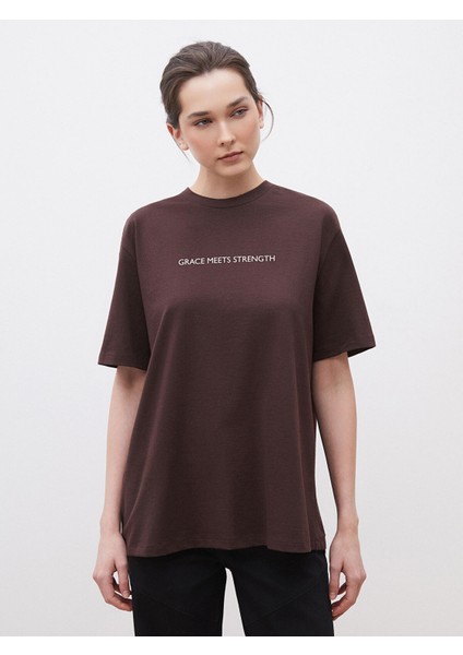 Yeni Sezon Bisiklet Yaka Baskılı Oversize Kadın Tişört